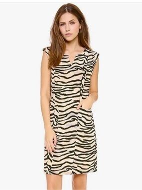 Rebecca Taylor Beige and Black Zebra-Print Cap Sleeve Shift Dress